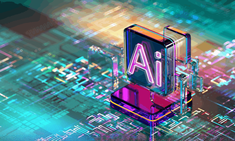 Image of an AI chip on a virtual motherboard