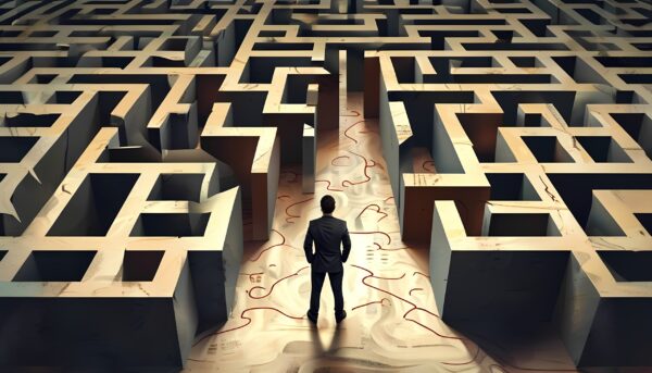Navigating challenges businessman facing a maze marketing environment conceptual image overhead view strategy and problem-solving