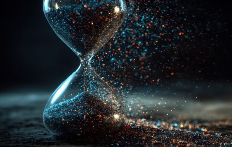 A digital rendering of an hourglass, where time flows as cosmic dust and dark nebulae. The dark background emphasizes the ephemeral nature of time. The image evokes a sense of mystery and the vastness of space.