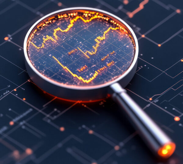 An elegant illustration of a magnifying glass examining layered search signals, symbolizing the strategic analysis behind SEO and AEO optimization.