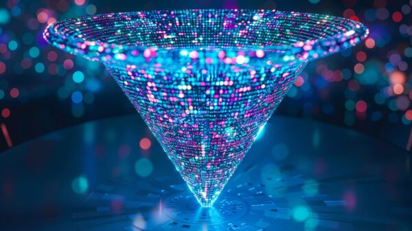 Realistic image of a digital funnel overflowing with last years big data and actionable insights for the new year