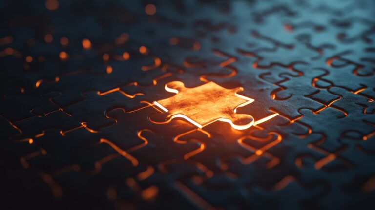 The Missing Piece: A single glowing puzzle piece stands out against a dark background of unfinished puzzle pieces, symbolizing the power of finding the right solution.