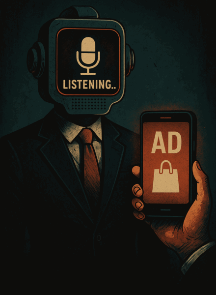 When your conversation turns into an ad. A robot in a suit with a phone displaying an ad.