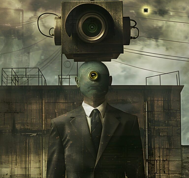 This surreal and unsettling image depicts a mysterious AI figure donning a suit and tie with a large like search apparatus in place of a head. The figure stands against a backdrop of ominous clouds and a bleak.