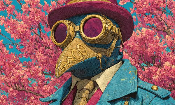 An image with an AI figure dressed up as a person in a colorful world, looking into the distance. Depicting a false narrative.
