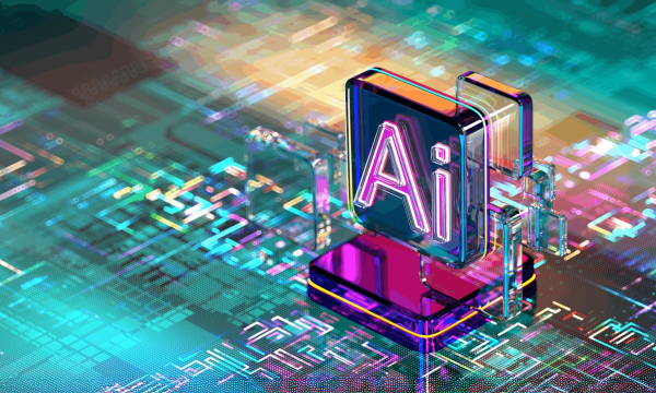 Image of an AI chip on a virtual motherboard