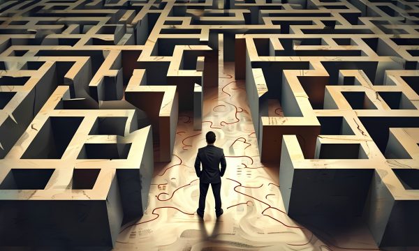 Navigating challenges businessman facing a maze marketing environment conceptual image overhead view strategy and problem-solving