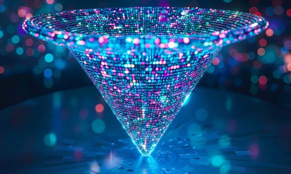 Realistic image of a digital funnel overflowing with last years big data and actionable insights for the new year