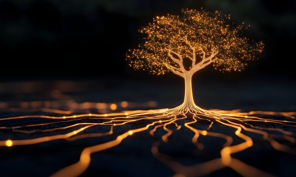 A glowing tree with intricate, illuminated roots extends across a dark background, symbolizing connection and life.