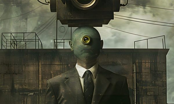 This surreal and unsettling image depicts a mysterious AI figure donning a suit and tie with a large like search apparatus in place of a head. The figure stands against a backdrop of ominous clouds and a bleak.